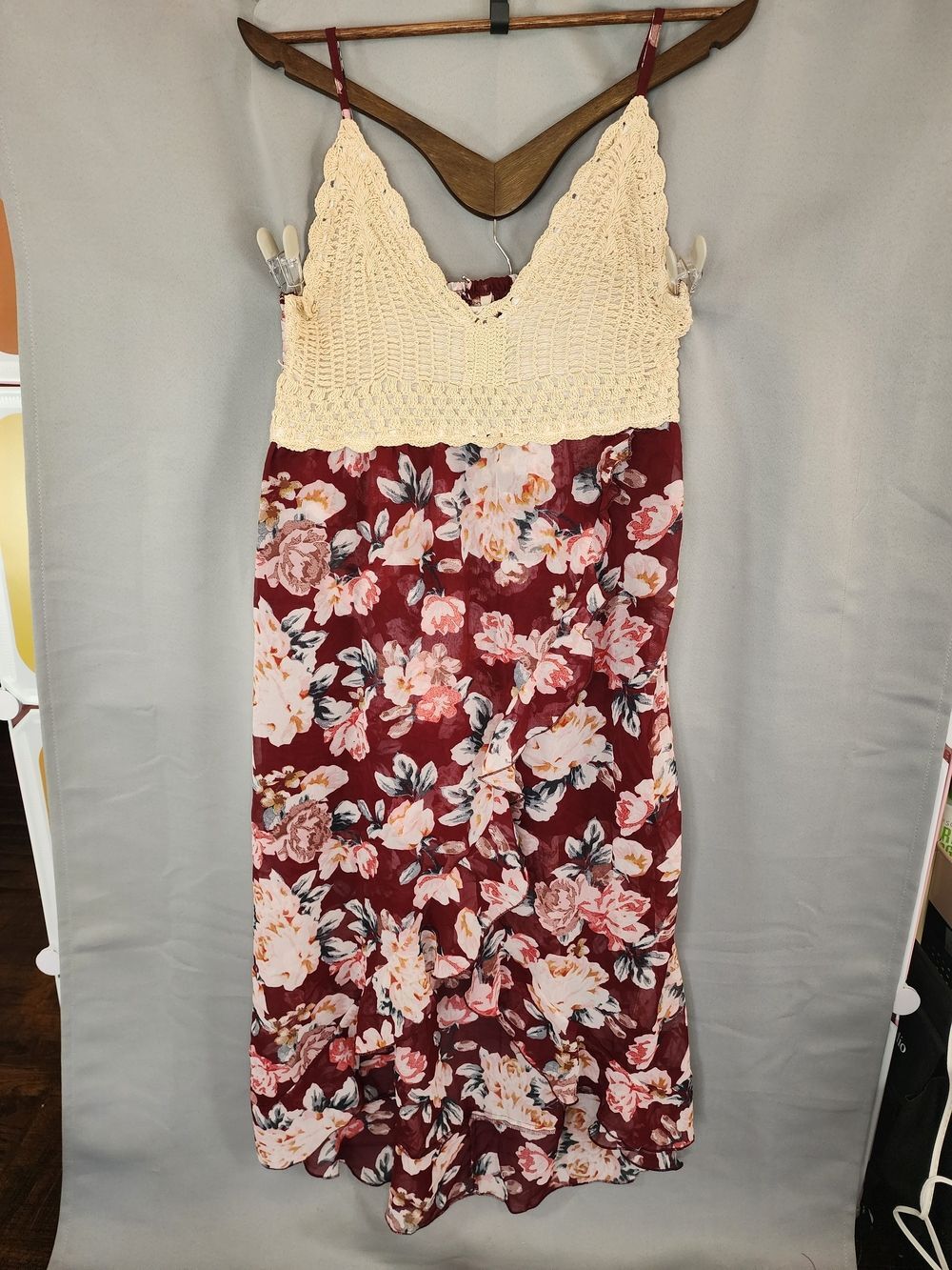 indulge Cream Crochet Bodice Burgundy Floral Maxi Dress
